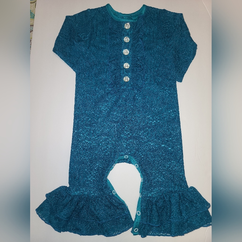 Teal Ricrac & Ruffles lace ruffle romper 12 months